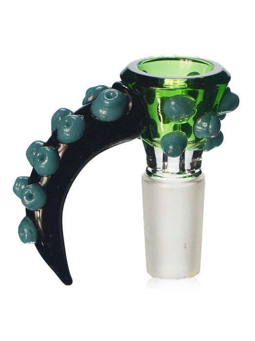 14mm male martini shaped bong bowl in green with a tentacle shaped handle in black and covered with teal suckers.