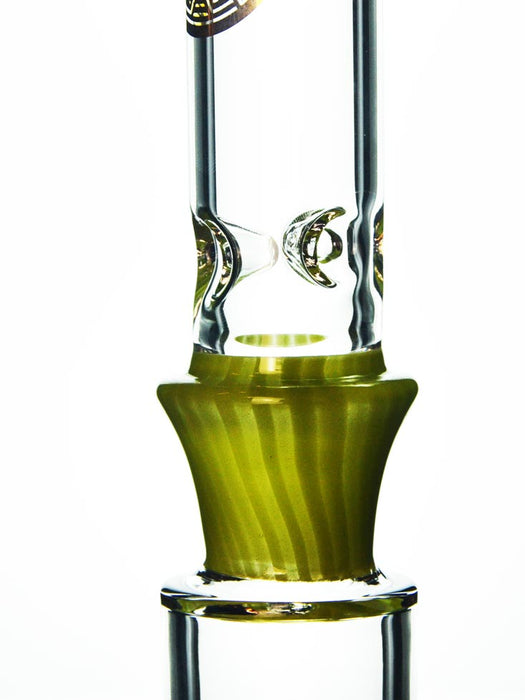 closeup of gridded inline bong ice catcher with green accent by Bougie Glass.