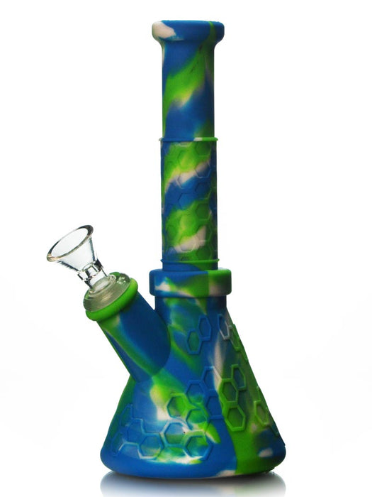 8.5 inch blue and green silicone beaker bong with glass bowl by Waxmaid.