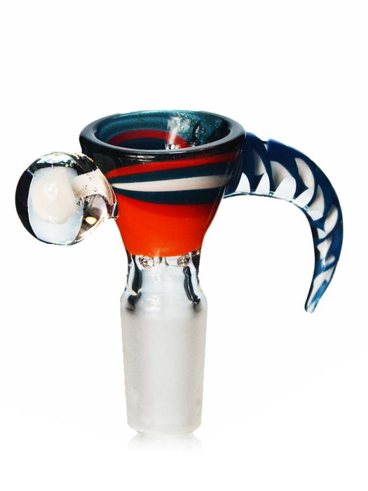 14mm funnel shaped bong bowl with blue and orange colors, with a long handle on one side and a mushroom millie on the other.