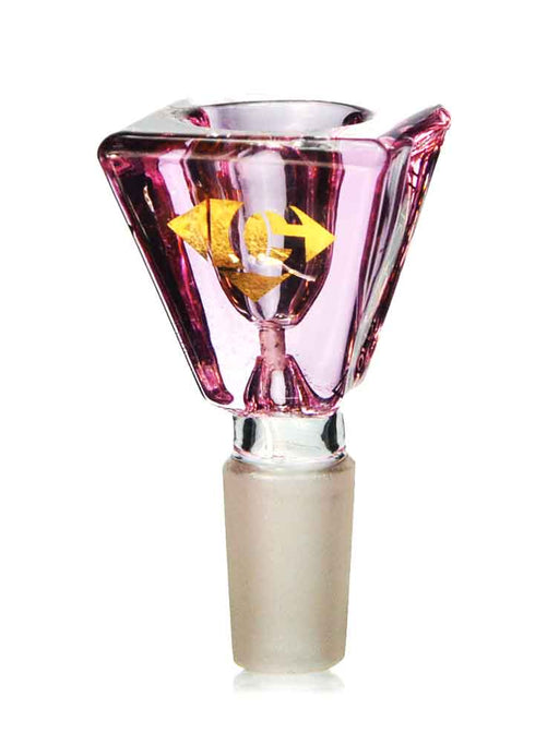 A pink 14mm male bowl piece shaped liked a cube with a Diamond Glass logo on the side.