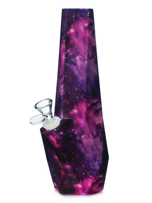 10 inch geometric shaped silicon bong with a galaxy printed all over in dark pink and purple colors.