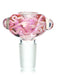 14mm male bong bowl in pink with a squiggly white design all around and glass nobs on both sides.
