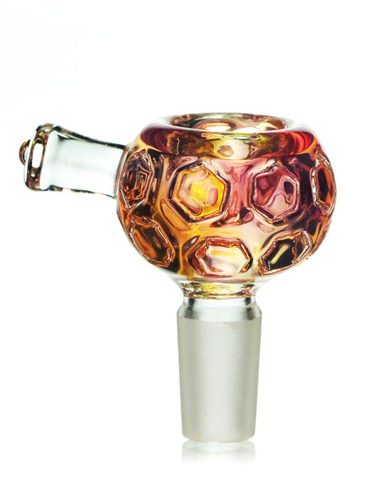 14mm round shaped bong bowl with hexagon designs and gold fume and a thick handle.