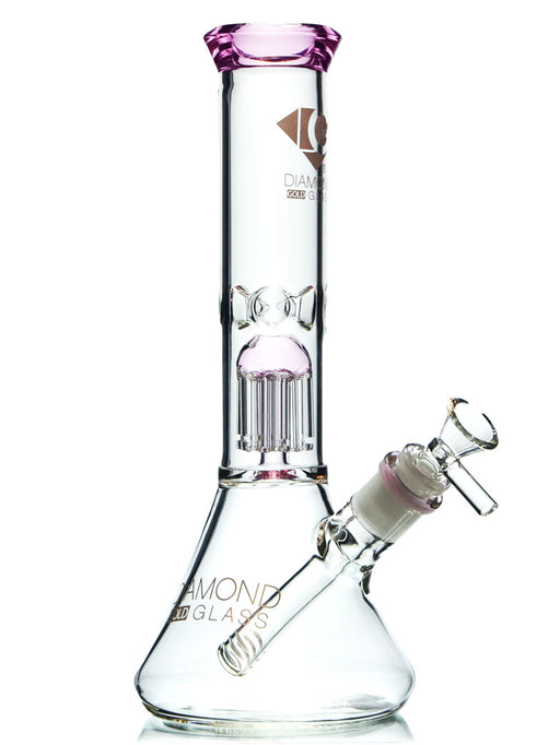 10" beaker bong with a tree percolator in pink colored accents by Diamond Glass.