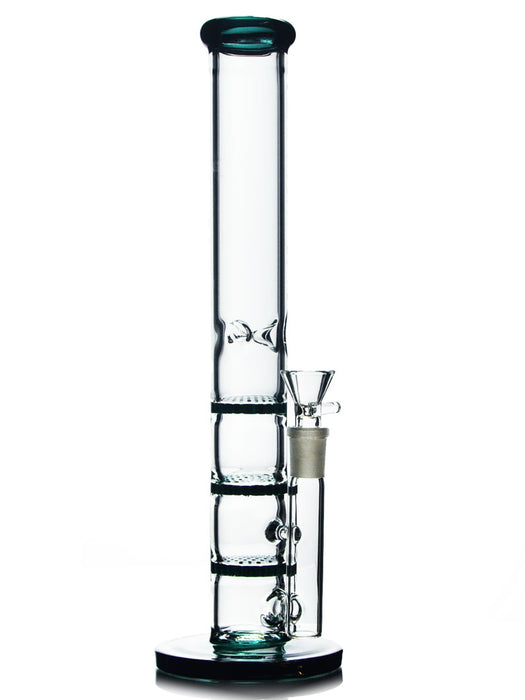 12 inch triple honeycomb bong with ice catcher and 14mm bowl with teal accents.