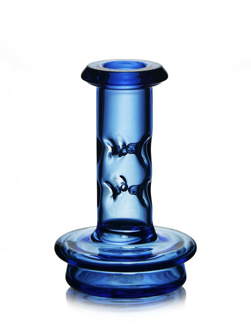 A cobalt blue glass smoking accessory with a flared base and a textured, bubble-filled central column, shown on a white background with a soft reflection.