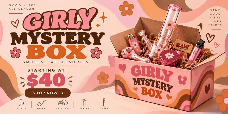 Promotional graphic for a 'Girly Mystery Box' of smoking accessories. The left side features retro-style typography in pink, brown, and orange on a peach background with wavy patterns.