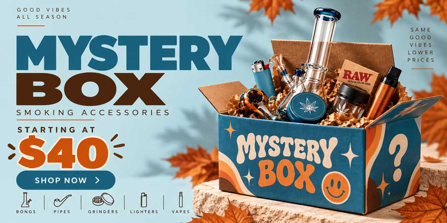 A promotional graphic for a 'Mystery Box' of smoking accessories. On the left, bold text reads 'MYSTERY BOX' and 'STARTING AT $40', with icons for bong, pipes, grinders, lighters, and vapes.