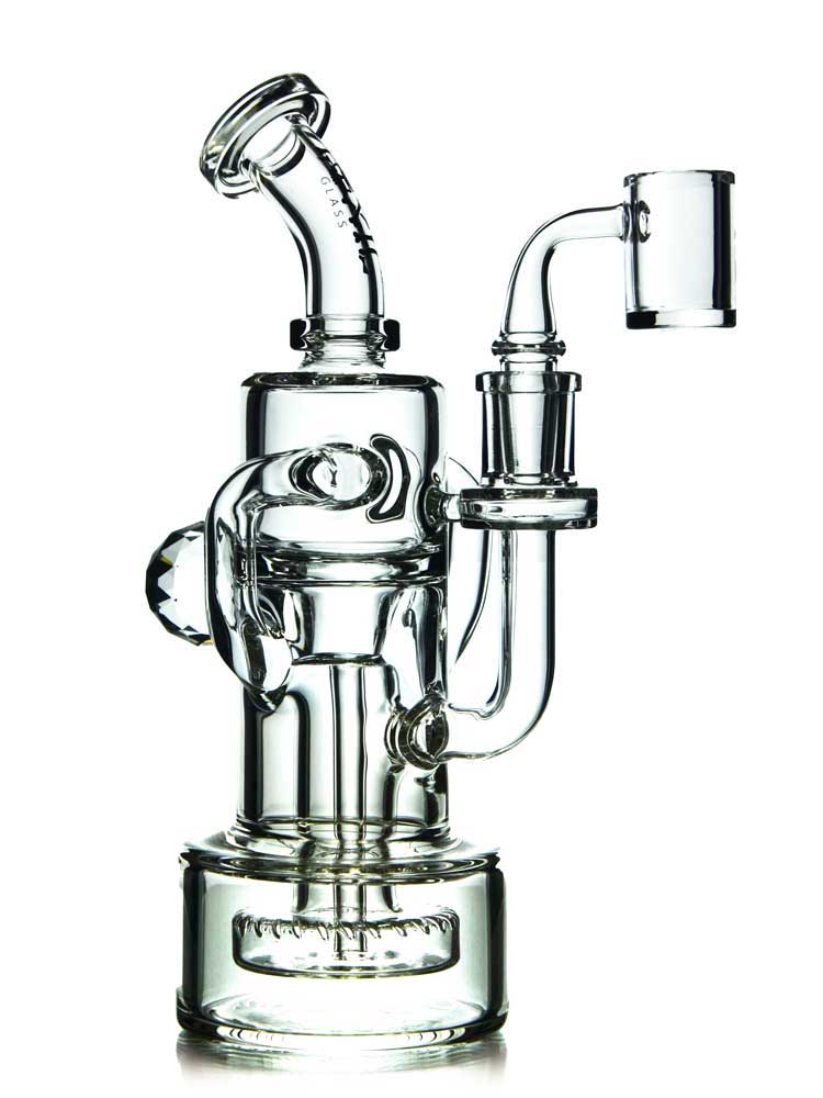 9.5-inch clear glass double uptake recycler dab rig with quartz banger by Toxic Glass - Badass Glass