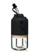 A portable electric dab rig with a matte black body and a clear glass container below, shown on a solid white background.