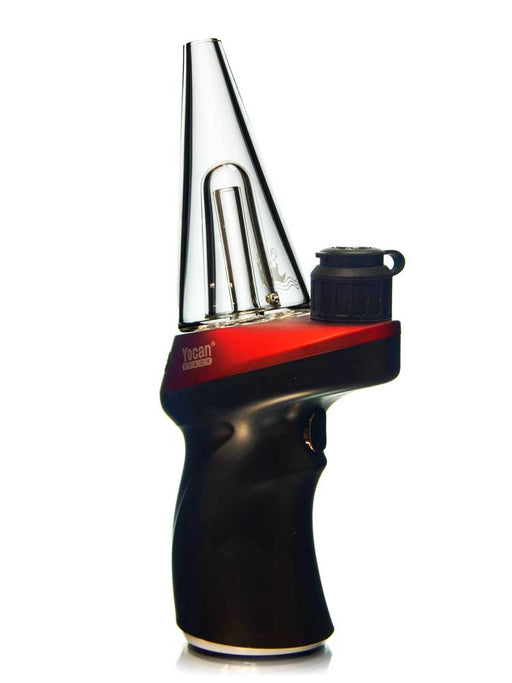 A handheld glass water pipe with a black and red body, a clear glass cone-shaped chamber, and a black top cap, shown on a white background.