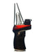 A handheld glass water pipe with a black and red body, a clear glass cone-shaped chamber, and a black top cap, shown on a white background.