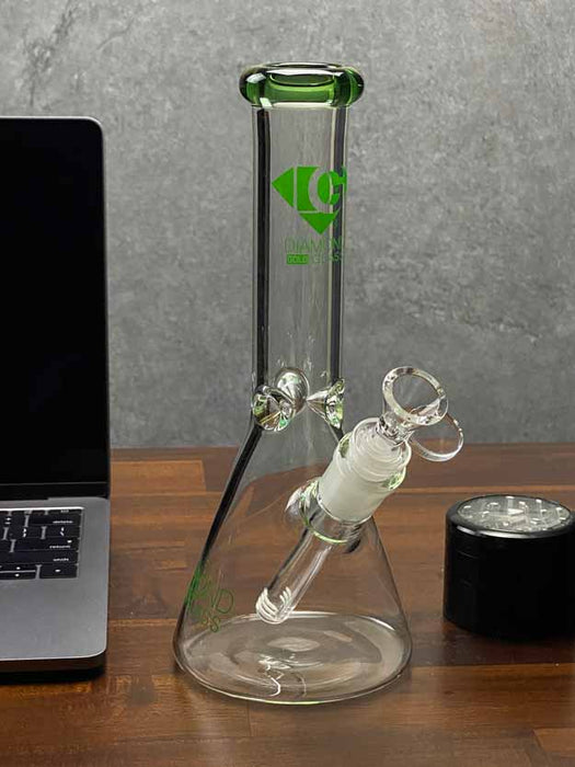 10" beaker bong with green color top in natural lighting 