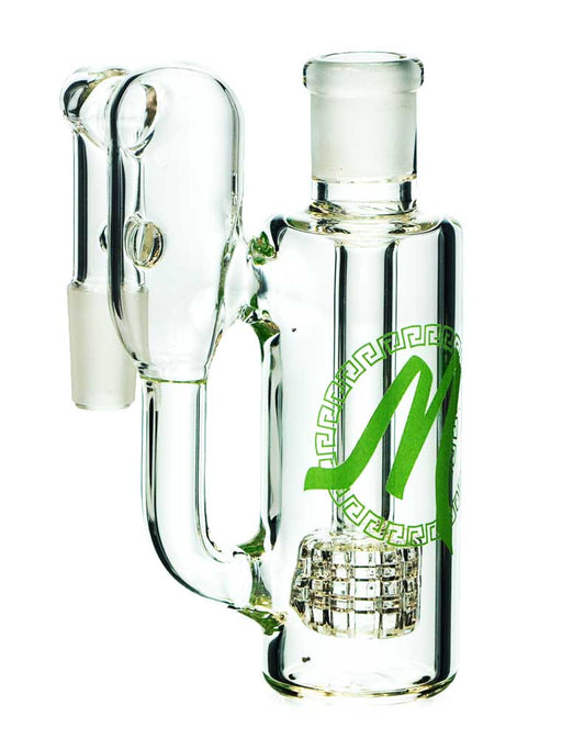 14mm 90 degree recycler ash catcher with a green Monark decal.
