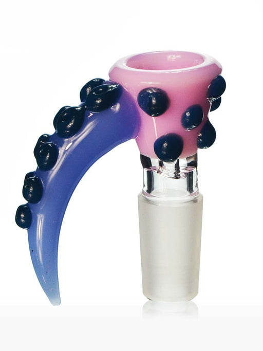 14mm male martini shaped bong bowl in pink with a tentacle shaped handle in purple and covered with teal blue suckers.