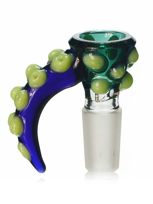 14mm male martini shaped bong bowl in teal with a long blue tentacle shaped handle covered with slyme green suckers.