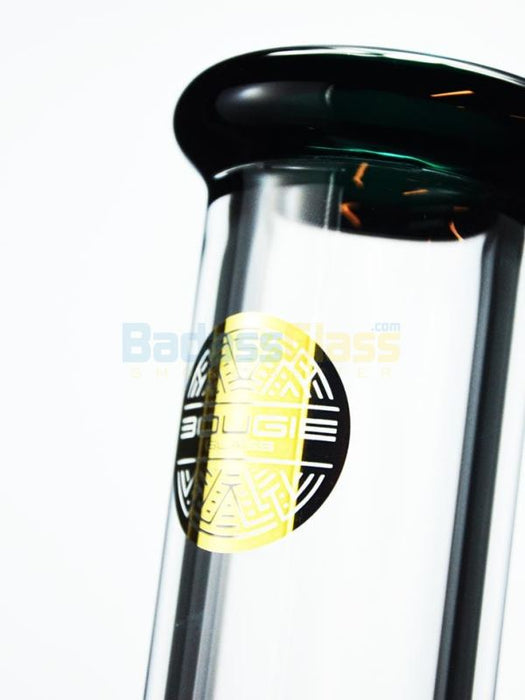 closeup of mouthpiece with bougie logo on 12 inch straight shot bong by Bougie Glass.