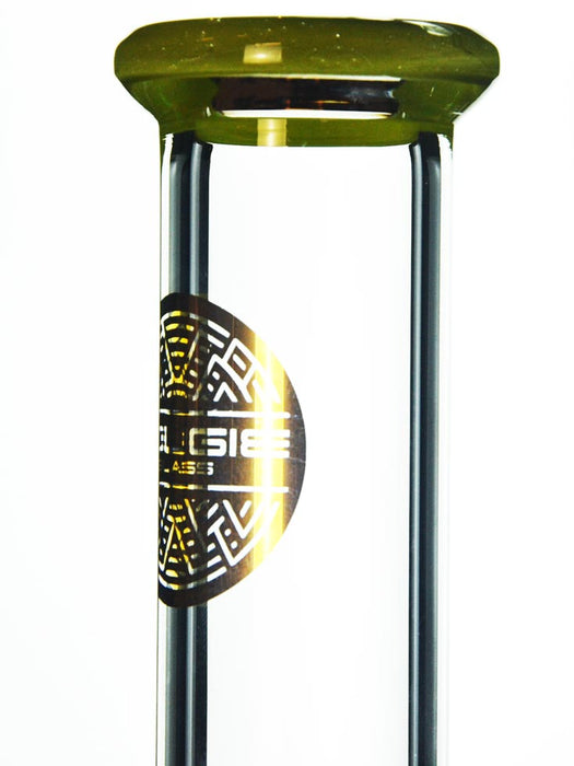 closeup of mouthpiece of gridded inline bong with bougie logo and green accent by Bougie Glass.