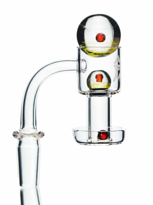 AFM terp slurper banger with a large and medium marble and ruby pearl in the bottom dish.