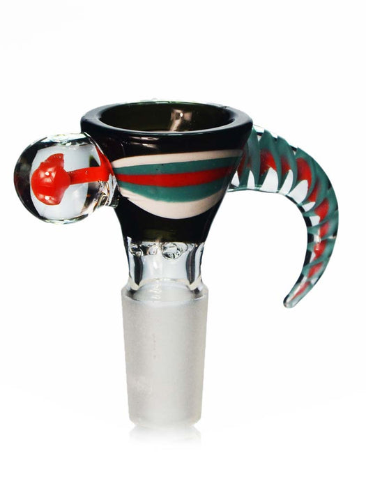 14mm funnel shaped bong bowl with black, orange and blue colors, with a long handle on one side and a mushroom millie on the other.