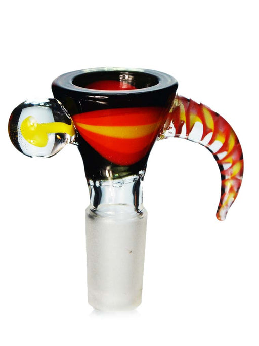 14mm funnel shaped bong bowl with black, yellow and orange colors, with a long handle on one side and a mushroom millie on the other.
