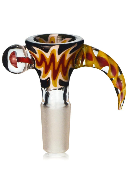 14mm martini shaped bong bowl in black and orange wig wag colors with a long handle and a mushroom millie.