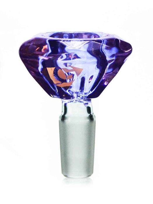A purple 14mm bong bowl shaped like a diamond with the Diamond Glass decal on the side.