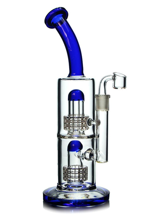 11" dab rig with two matrix percolators in blue colored accents and a 14mm banger.