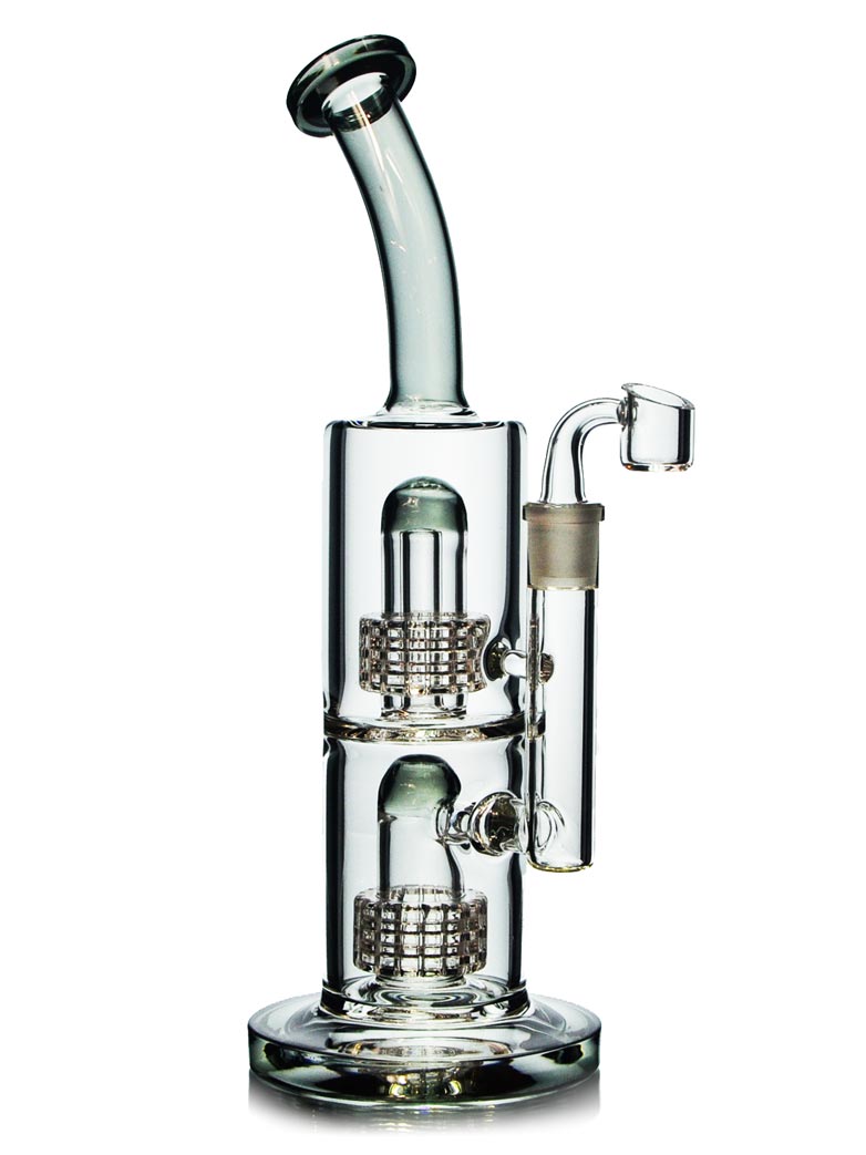11 inch dab rig with a double matrix percolator in space gray colored accents.