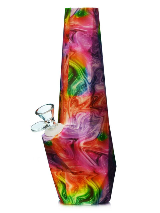 10 inch geometric shaped silicon bong with rainbow colored swirls printed all over.
