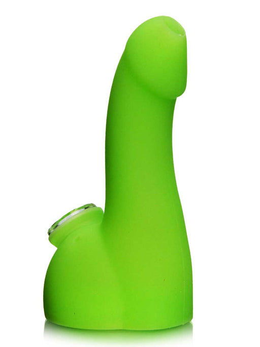 Silicone penis bong in green with glass bowl.