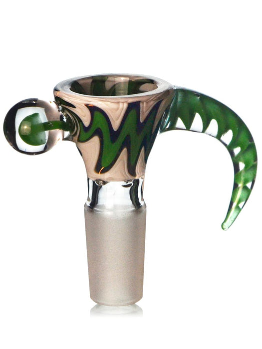 14mm martini shaped bong bowl in green and white wig wag colors with a long handle and a mushroom millie.