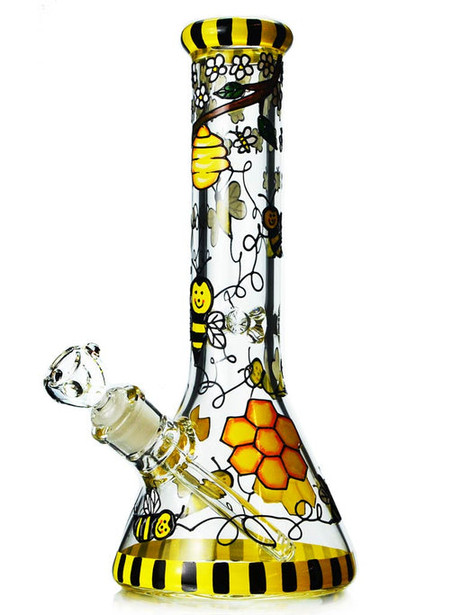 12" beaker bong with hand painted artwork of bees, honeycombs, beehives and flowers.