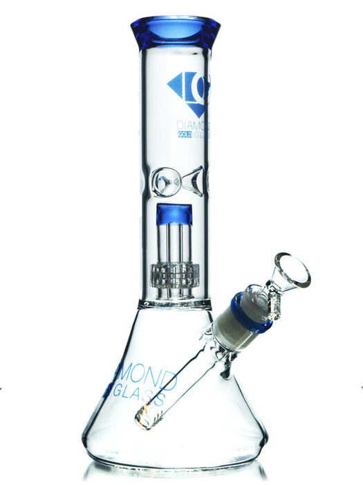 10.5 inch beaker bong with matrix percolator in blue accents by Diamond Glass.