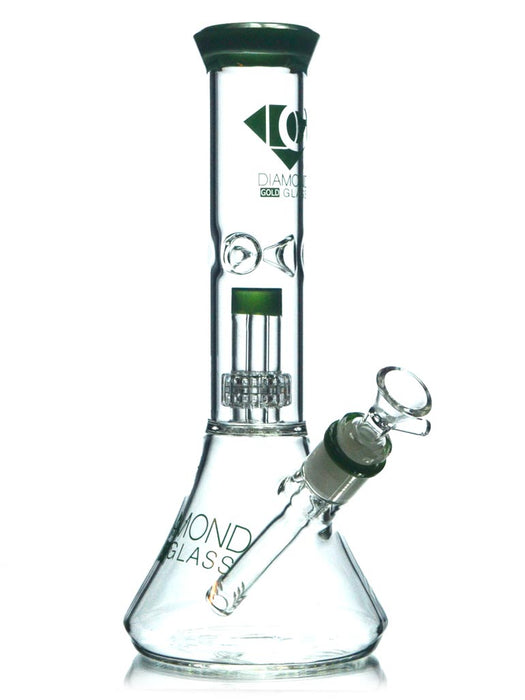 10.5 in beaker bong with matrix percolator in jade green accents by Diamond Glass.