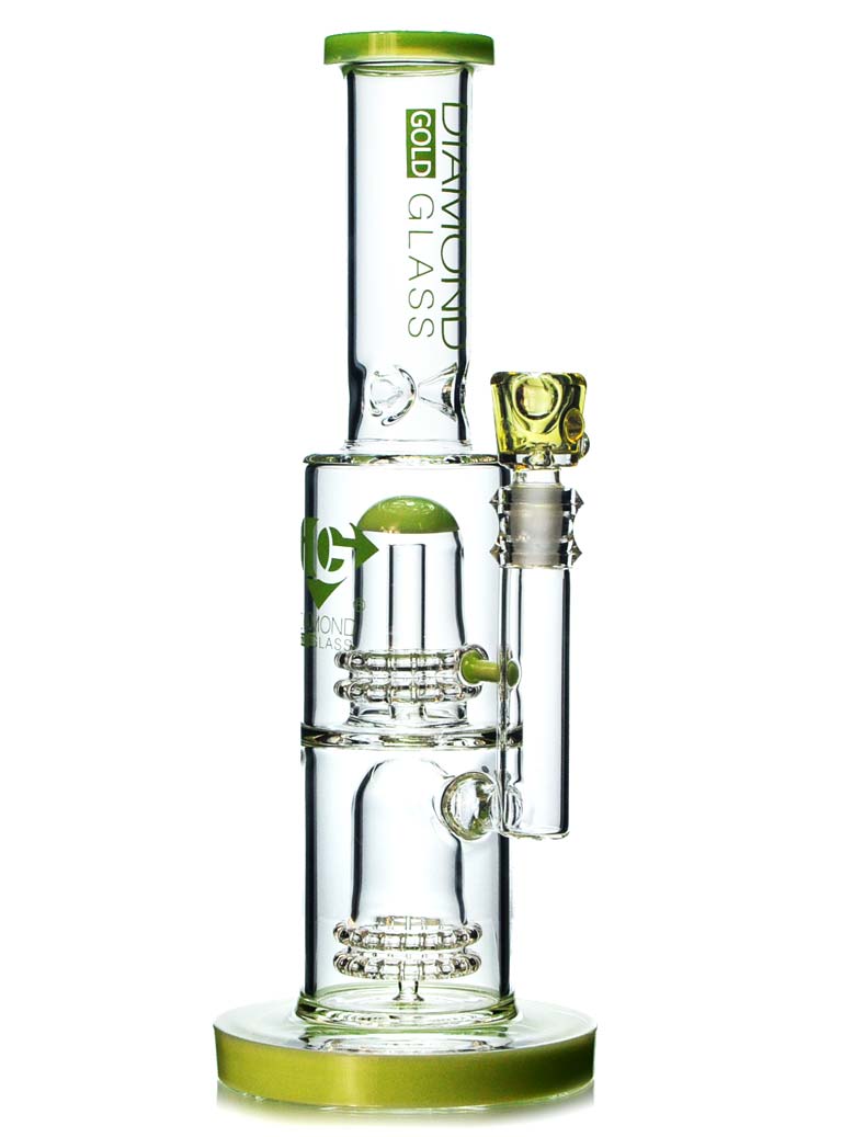 Double Showerhead Bong By Diamond Glass Gold at — Badass Glass