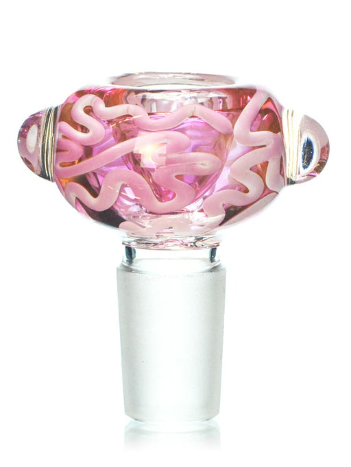 14mm male bong bowl in pink with a squiggly white design all around and glass nobs on both sides.