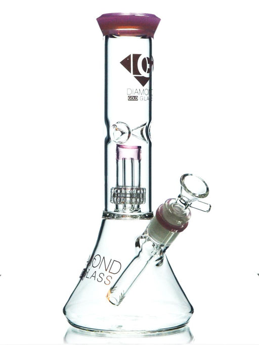 10.5 inch beaker bong with matrix percolator in pink accents by Diamond Glass.
