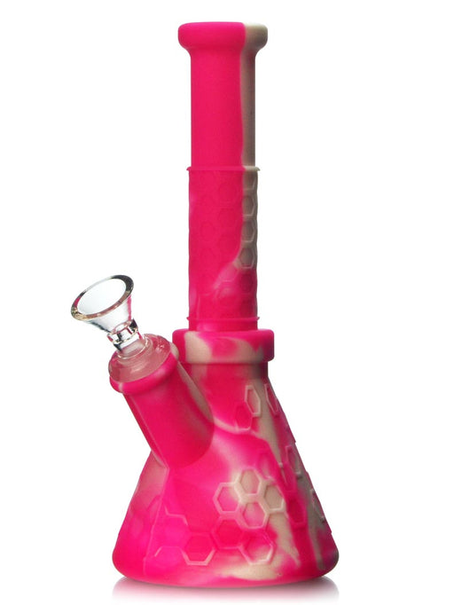 8.5 inch pink silicone beaker bong with glass bowl by Waxmaid.