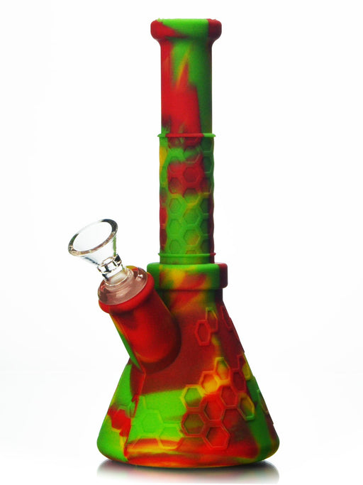 8.5 inch rasta color silicone beaker bong with glass bowl by Waxmaid.