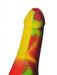 closeup of 6 inch rasta color silicone penis. 