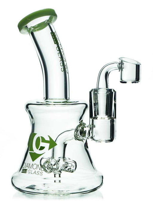 Bent Neck Oil Rig by Diamond Glass with Crossbar Perc and Slyme Green Accents