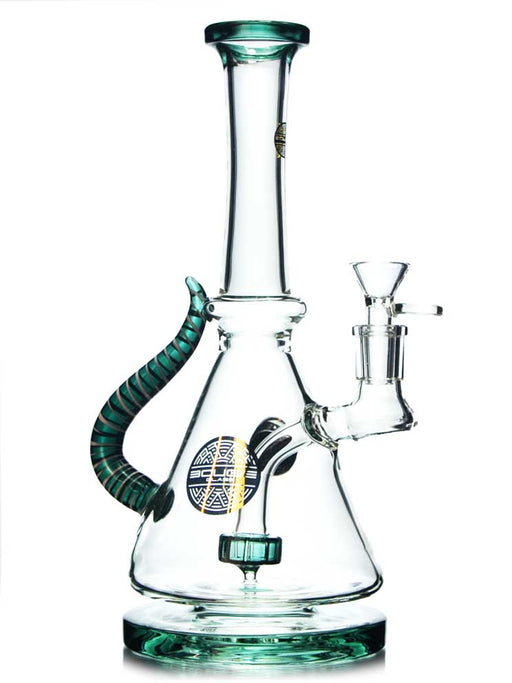 10 inch floating beaker bong teal horn with swirl accents by Bougie Glass.