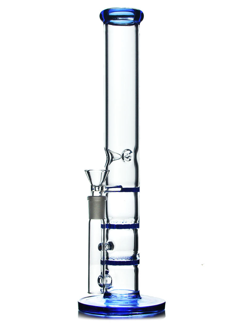 12 inch straight tube bong with a 14mm bowl, it has 3 blue colored honeycomb discs and blue trim around top and the base.